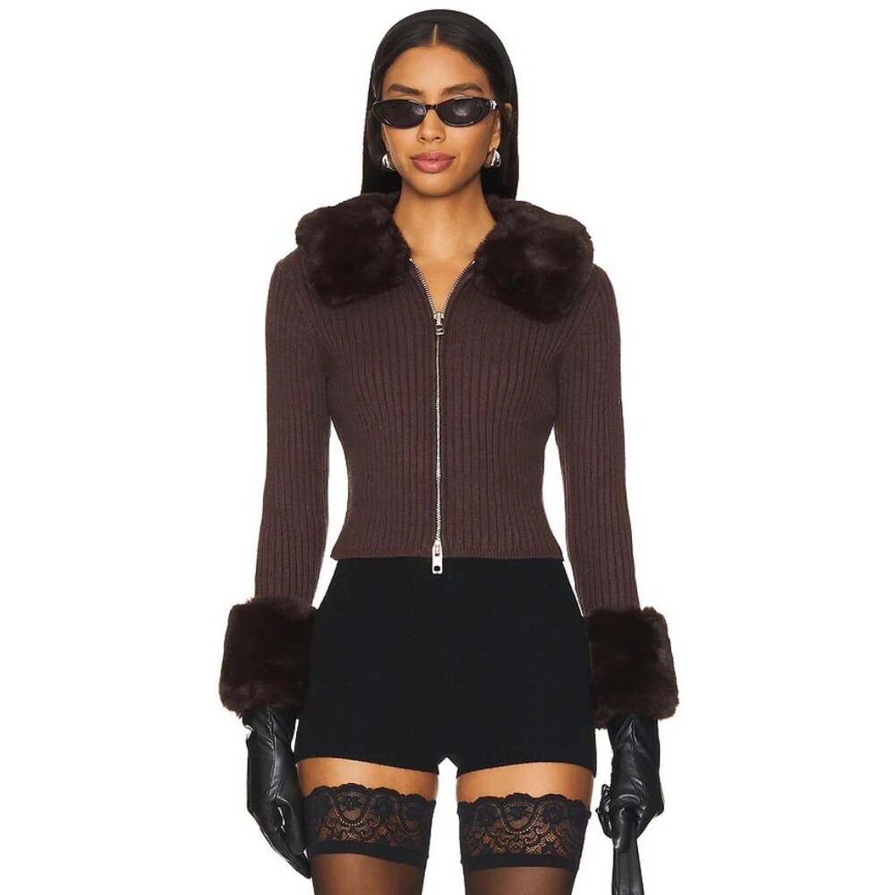 House of Sunny Brown Sweater with Fur Trim